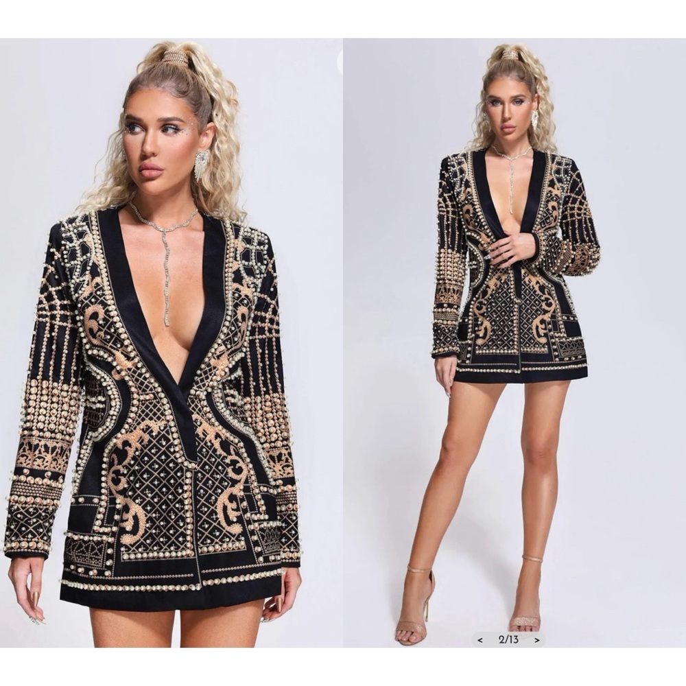 Bella Barnett pearl blazer dress, golden and black, size S